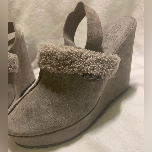 Brunello Cucinelli Suede Shearling Wedge Slingback Clogs Grey size EU 39 / US 9 - Picture 6 of 14